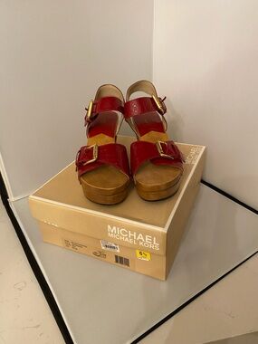 Michael Kors Red Patent Platform Gold Buckle Sandals